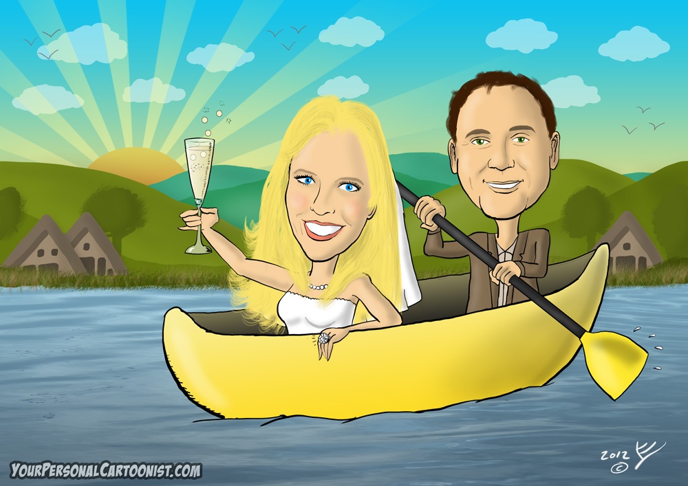 Wedding Caricature - Bride and Groom in a Canoe