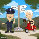 Personal Caricature for Grandparents - Policeman and Grandma Riding Bike