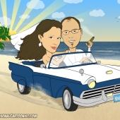 Wedding Caricature - Bride and Groom In An Antique Car