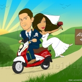 Wedding Caricature - Bride and Groom Riding a Scooter with Hills in Background