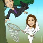 Wedding Caricature - Bride Catching Groom Falling Off Tree