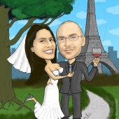 Wedding Caricature - Bride and Groom in Paris - Eiffel Tower in Background