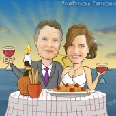 Wedding Caricature - Romantic Italian Honeymoon Dinner with Sunset in Background