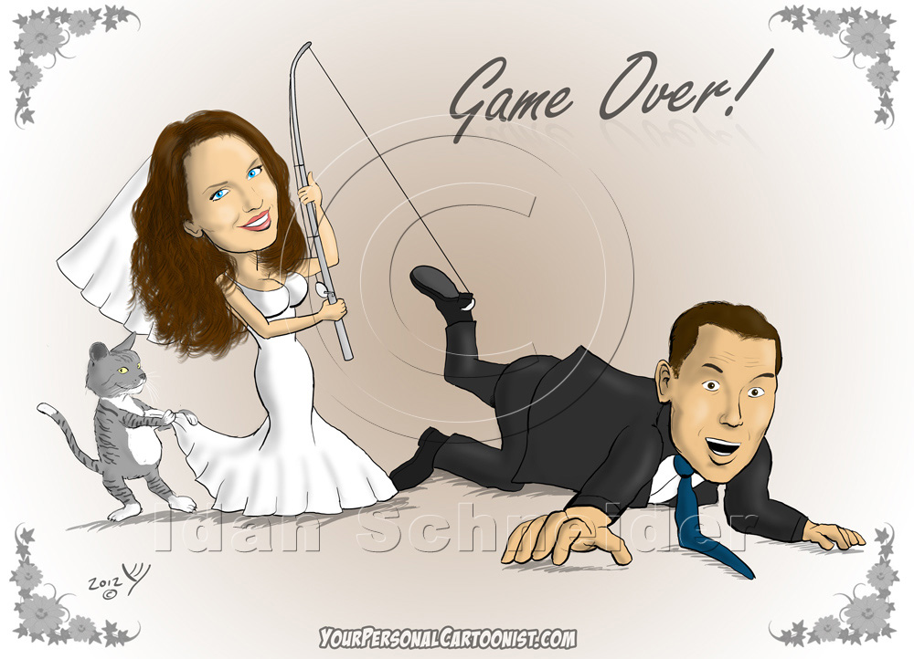 Wedding Caricature - Bride Catches Groom With Fishing Pole