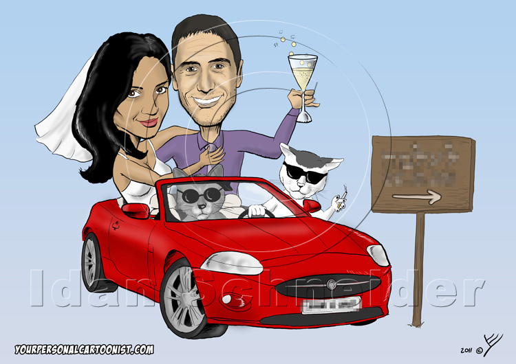 Funny Wedding Invitation - Bride and Groom in Sports Car with Gangster Cats