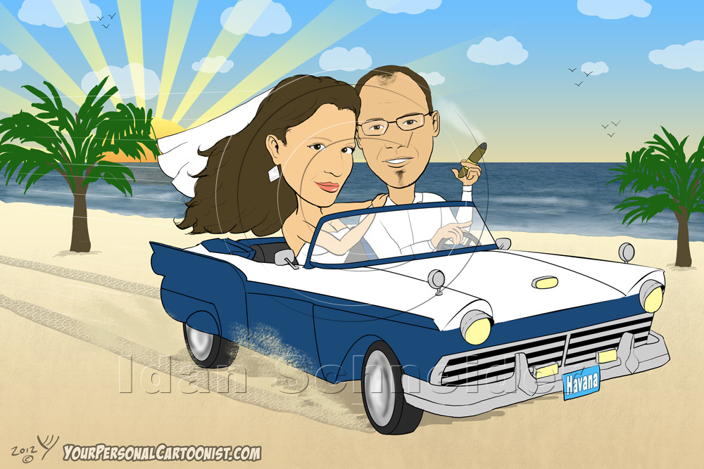 Bride and Groom Driving an Antique Car on the Beach - Wedding Caricatures