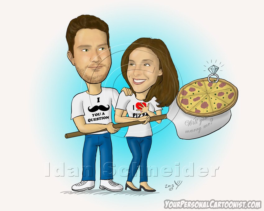 Funny Wedding Proposal with Pizza - Caricature
